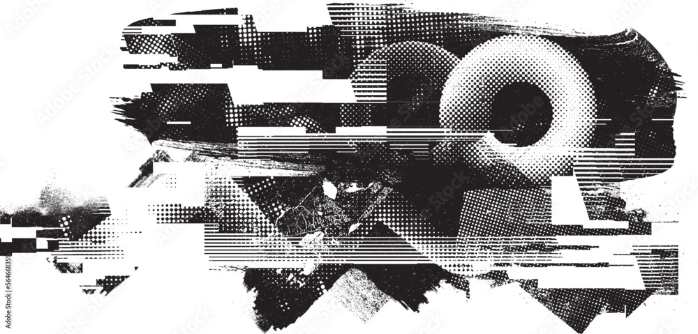 Obraz premium Glitch distorted geometric shape . Noise destroyed logo . Trendy defect error shapes . Glitched frame .Grunge textured . Distressed effect .Vector shapes with a halftone dots screen print texture.
