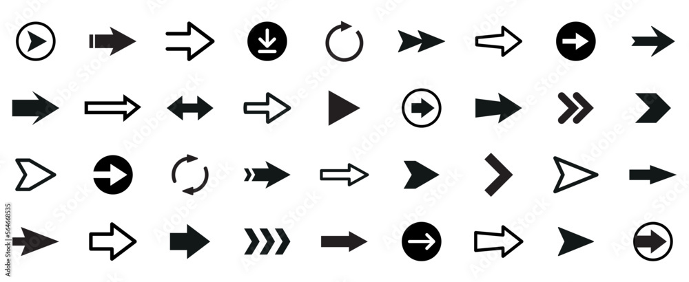 Arrows set of black icons. Arrow icons set on white background. Modern simple arrows. Arrow icon. Cursor icon. Vector illustration.