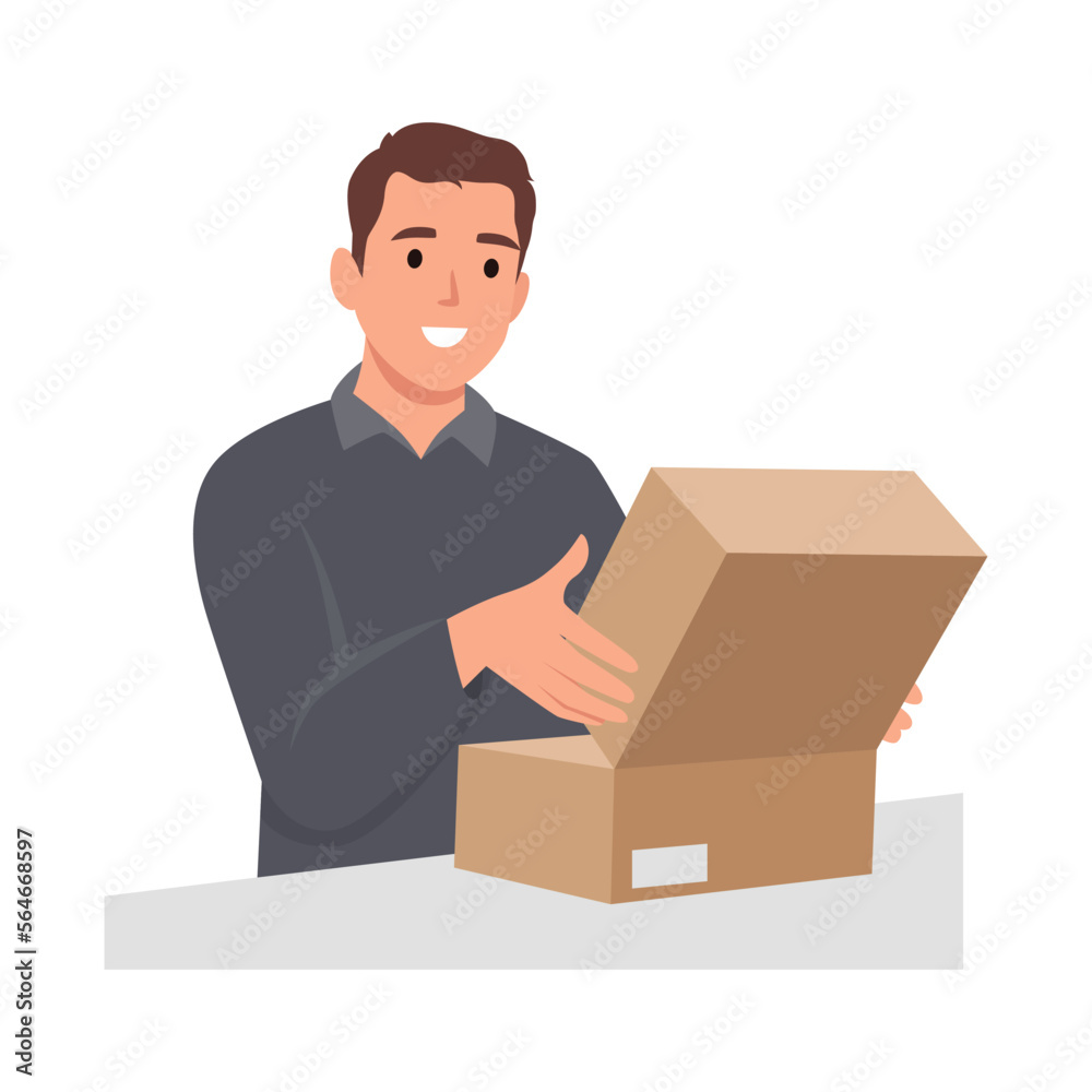 Young man Unpacking paper box concept. Young smiling man opens parcel with orders delivered by postal service. Flat vector illustration isolated on white background Young man Unpacking paper box concept. Young smiling man opens parcel with orders delivered by postal service. Flat vector illustration isolated on white background