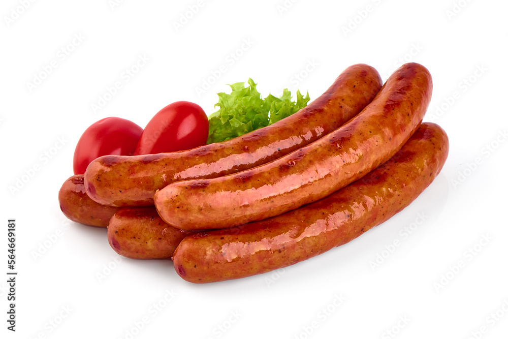 Barbecued sausages, fried sausages bbq, isolated on white background. Barbecued sausages, fried sausages bbq, isolated on white background.