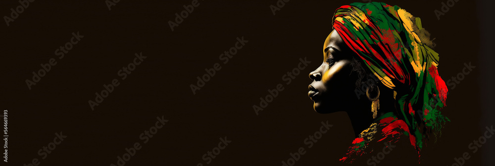Black History Month banner. Silhouette face head in profile ethnic group of black African and African American woman on black background