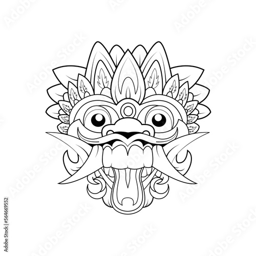 Balinese traditional culture ritual mask. Hindu ethnic spiritual symbol. Vector outline design for coloring book isolated, tattoo, t-shirts, textiles