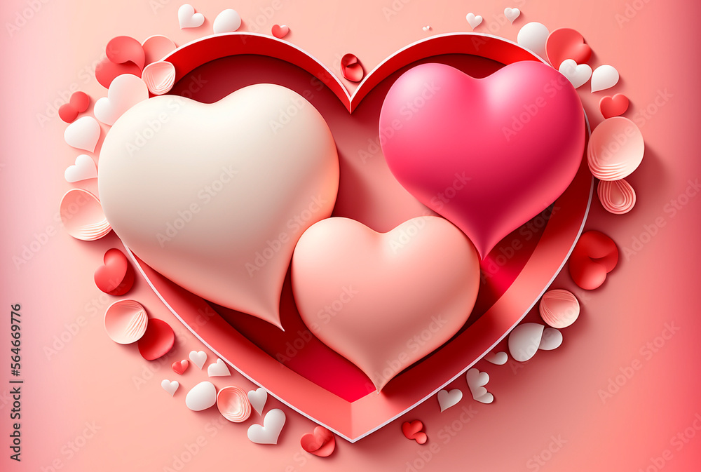 Ai generated, composition of colorful hearts, white, red and pink on background with copy space. High quality illustration