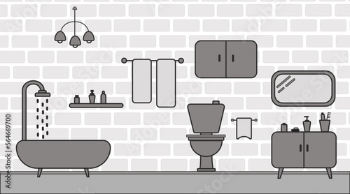 bathroom and toilet interior linear black outline. room design plan with mirror and shower