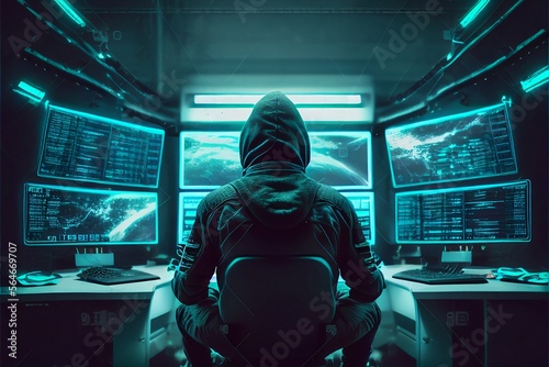 Hacker in front of big screens in a dark cinematic command center