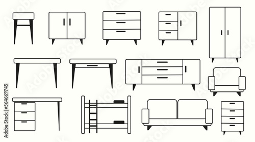 set of flat linear black stroke furniture. Wardrobe with sofa chair and tables