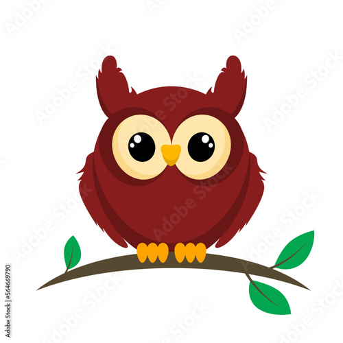 Cute blue owl sitting on a tree branch on a white background 