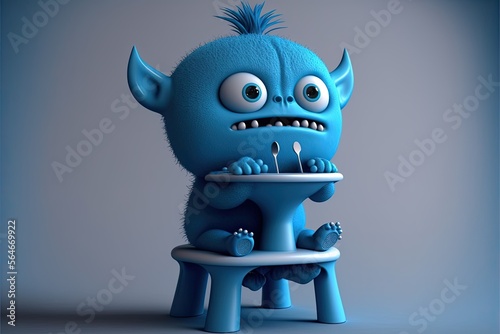 cartoon style tiny cute Baby Monster blue color sitting ob high baby chair,generative ai photo