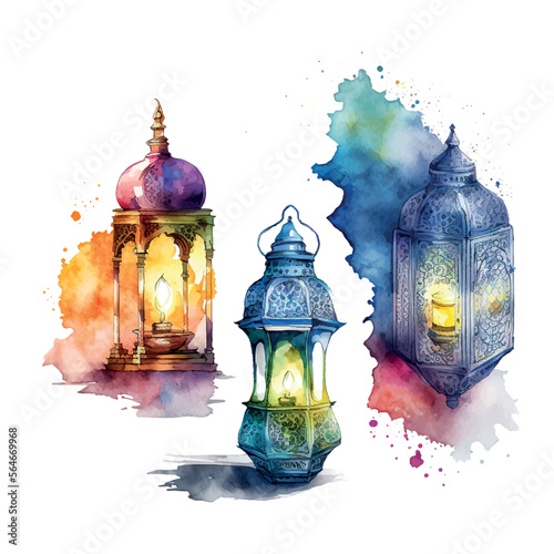 Ramadan flashlight Kareem. Mosque night. Arabic lanterns. Bright watercolor stains background. Vector illustration.