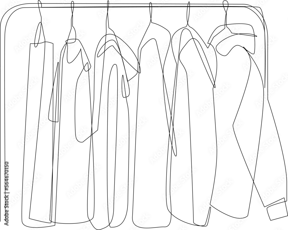 Continuous one line drawing Collection of clothes hanging on a rack