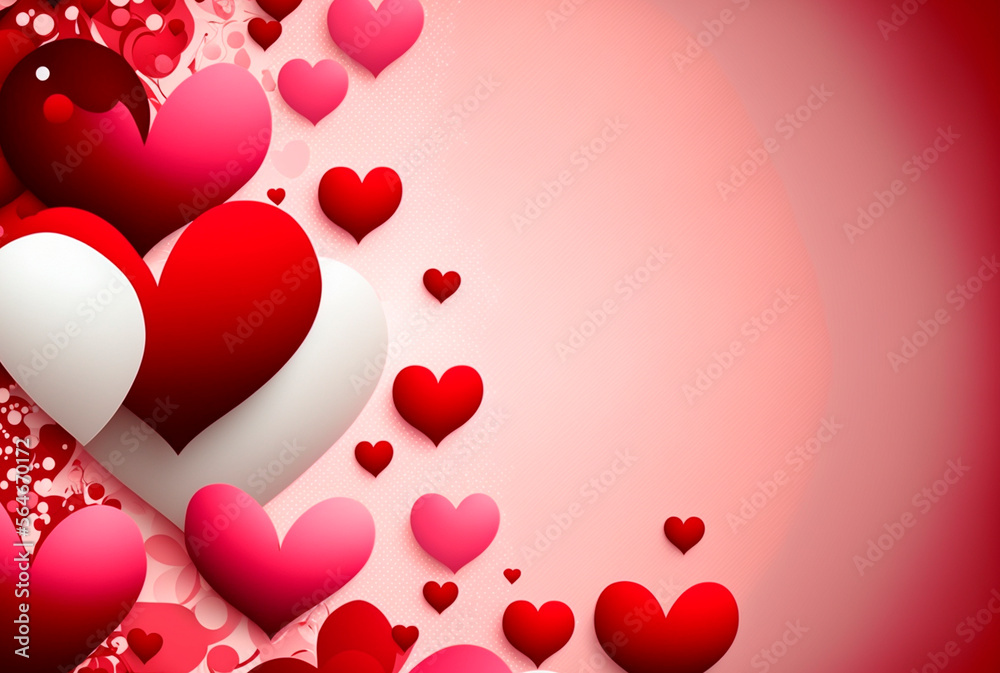 Ai generated, composition of colorful hearts, white, red and pink on background with copy space. High quality illustration