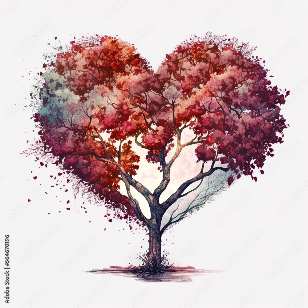 The Tree of love. Heart tree. generative ai. Symbol of love. Heart watercolor painting. Watercolor valentines day background