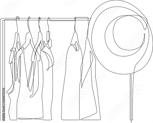 Continuous one line drawing Collection of clothes hanging on a rack with hat. Clothing concept. Single line draw design vector graphic illustration.