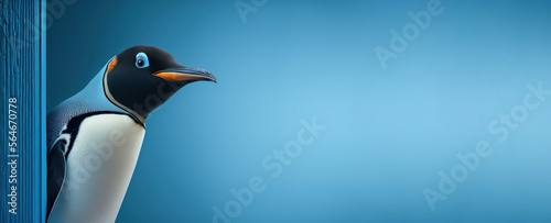 Curious penguin peeks around a corner against a blue background created with Generative AI technology. Copy space. photo