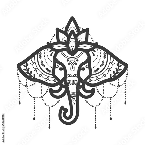 Indian elephant head with lotus and mandala. Elephant with traditional oriental ornament. Vector