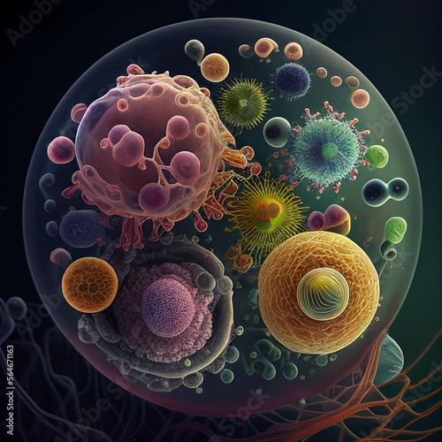 Digital illustration of HIV virus in colour background. Created by AI