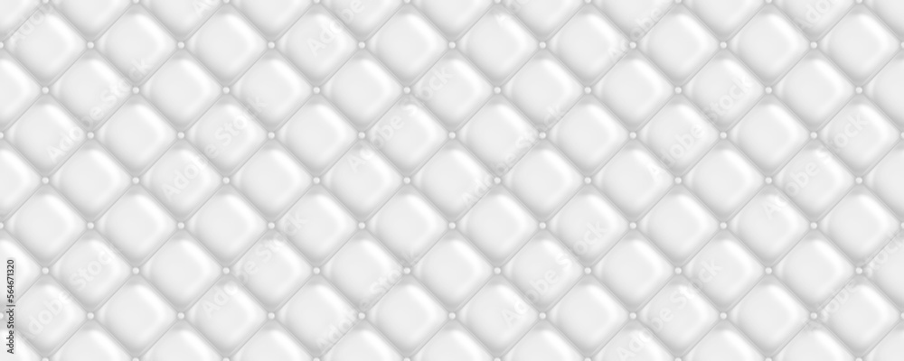 Seamless subtle white diamond tufted upholstery pattern transparent background texture overlay. Abstract soft puffy quilted sofa cushions or headboard displacement, bump or height map. 3D rendering. - obrazy, fototapety, plakaty 
