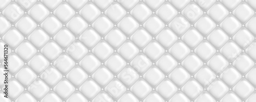 Seamless subtle white diamond tufted upholstery pattern transparent background texture overlay. Abstract soft puffy quilted sofa cushions or headboard displacement, bump or height map. 3D rendering.