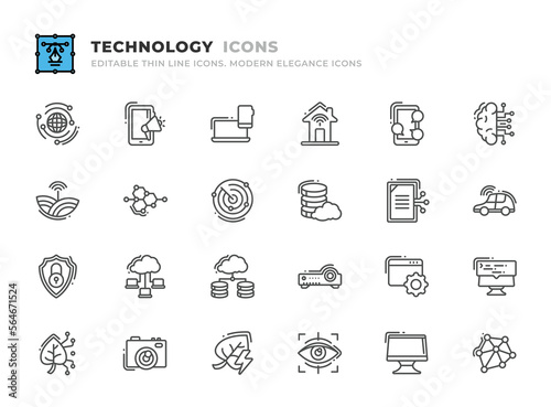 Editable Technology icons set. Thin line outline icons such as distributed, chip, cpu, monitor, technology, deep learning, artificial intelligence, digitalization, processor, robot, smart city vector