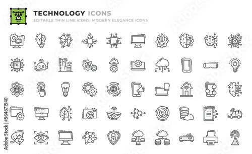 Set of 50 Technology icons. Thin line outline icons such as database, smart contract, self driving, green energy, eye tracking, computer, networking, security system, cloud computing vector