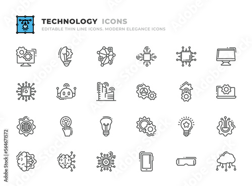 Editable Technology icons set. Thin line outline icons such as data management, innovation, distributed, chip, cpu, monitor, technology, deep learning, artificial intelligence vector