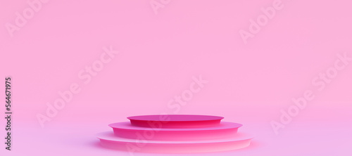 Pink cylinder podium. Stand to show products. Pedestal display with copy space. Banner size. Website cover template. Valentines' day 3D rendering. © Chaweekun