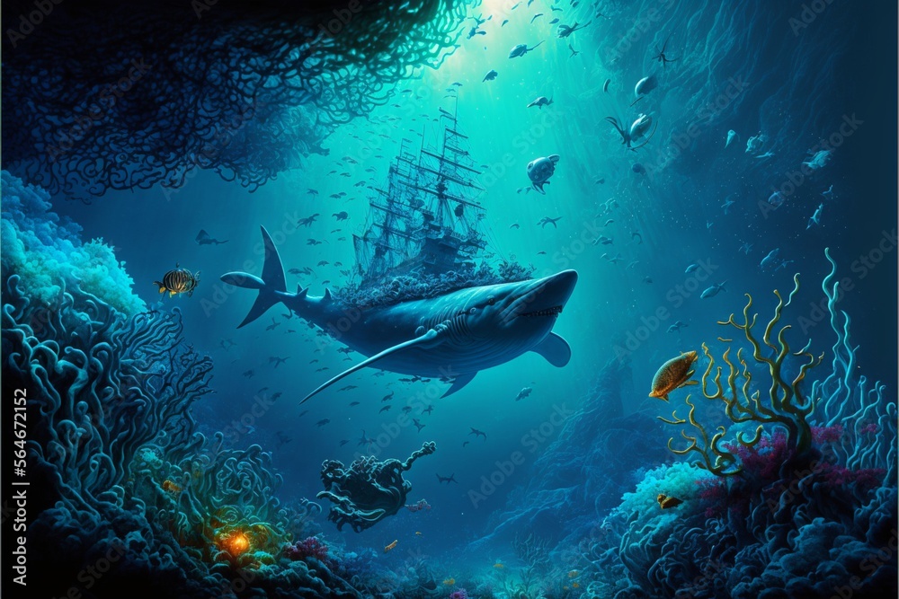 Fototapeta premium Big whale with corpse of ship AI Generative