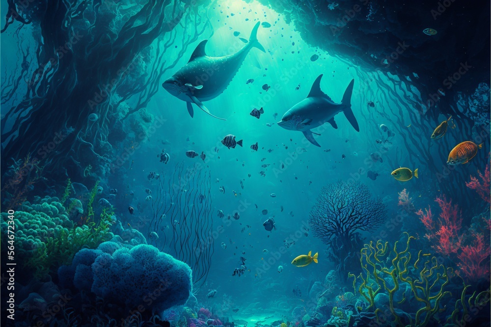 Fishes swimming underwater around the coral reef AI Generative Fishes swimming underwater around the coral reef AI Generative