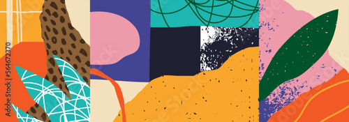 Trendy social media banner template with abstract organic shapes composition in contemporary collage minimal style, vector illustration