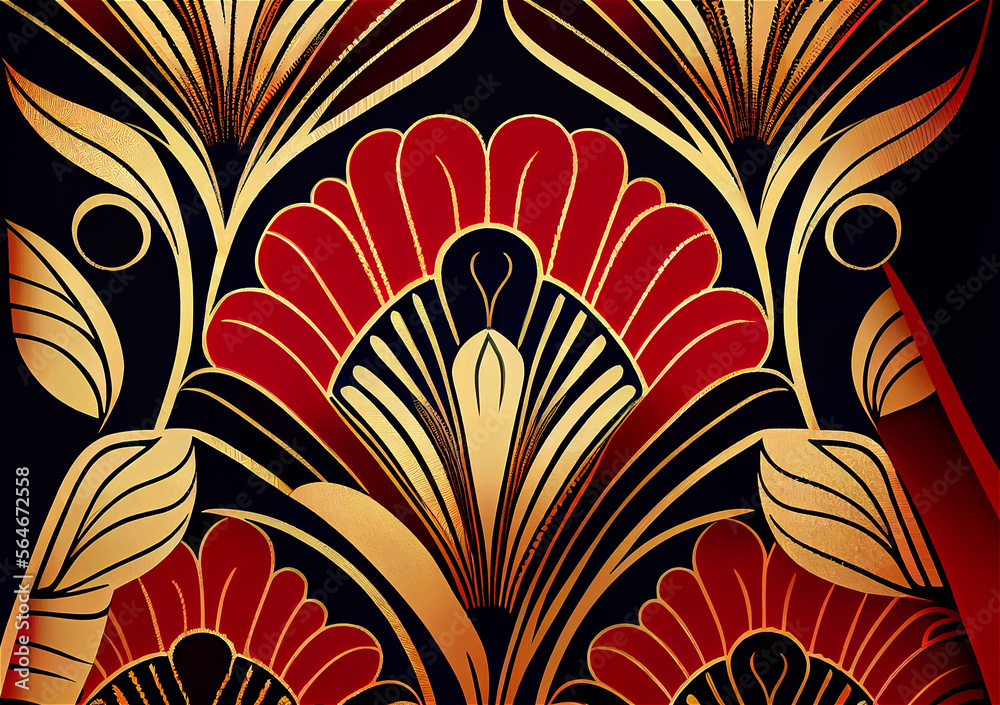 Art deco background in in red with vegetal shapes, generative AI Art deco background in in red with vegetal shapes, generative AI