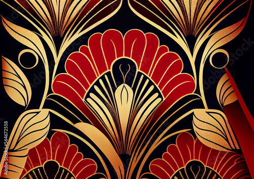 Art deco background in in red with vegetal shapes  generative AI