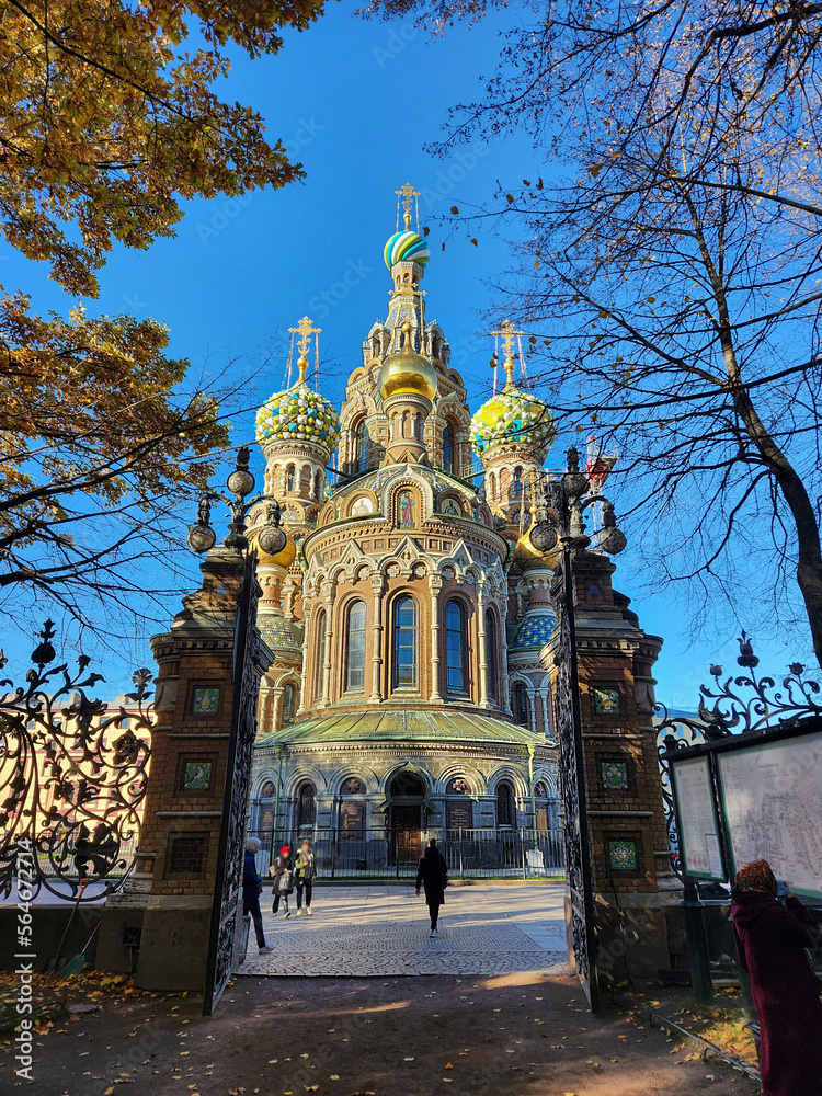 View of church of Savior on Spilled Blood, St Petersburg, Russia. Famous trellis of Summer Garden with overlooking temple Resurrection of Christ on sunny autumn day. High quality photo