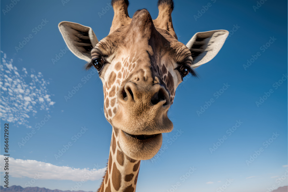 Naklejka premium Giraffe looking straight at camera, against clear blue sky - AI Generated