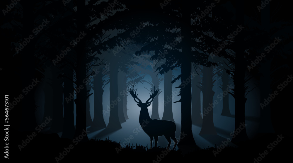 Obraz premium The deer looks at the light in the forest. Fog and shadows from trees. Vector illustration of wild animals in their natural habitat.