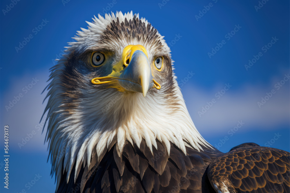 Obraz premium Eagle looking straight into camera, against clear blue sky - AI Generated
