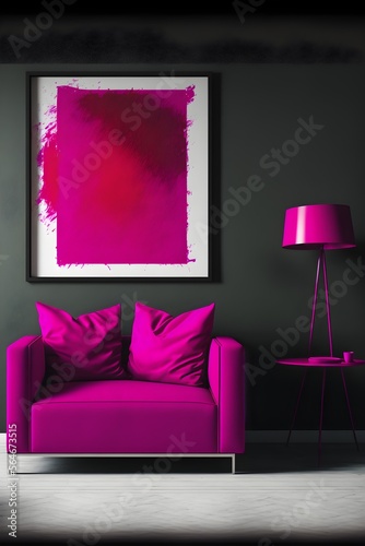 a chic and uncomplicated living space  vivid magenta in color  generative ai  and photorealistic in appearance to represent a painting hanging on the wall.