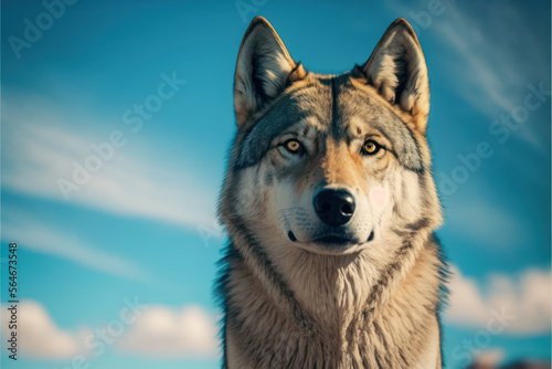 Wolf looking straight into camera  against clear blue sky - AI Generated