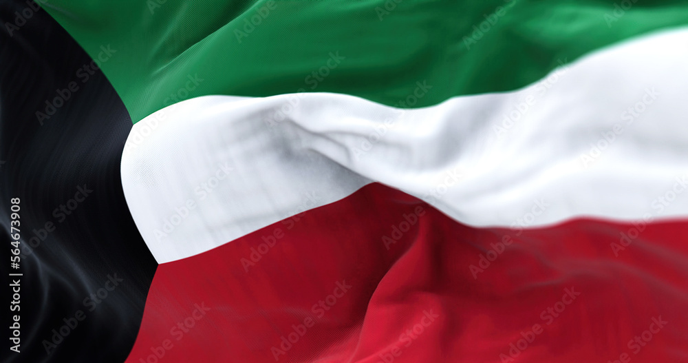 Obraz premium Close-up view of the Kuwait national flag waving in the wind