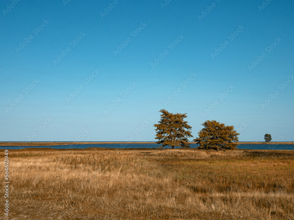 Blick auf eine herbstliche Landschaft an der Schlei in der Nähe von Maasholm in Schleswig-Holstein, Deutschland Blick auf eine herbstliche Landschaft an der Schlei in der Nähe von Maasholm in Schleswig-Holstein, Deutschland