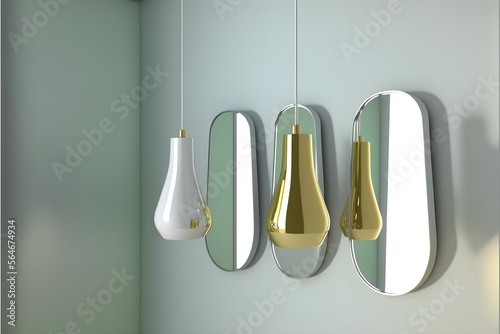 Pendant light hotel mockup, white glass wall, lamp, house interior design, and bathroom. generative ai.a simplistic and stylish loungeroom , warm golden, photorealistic  photo