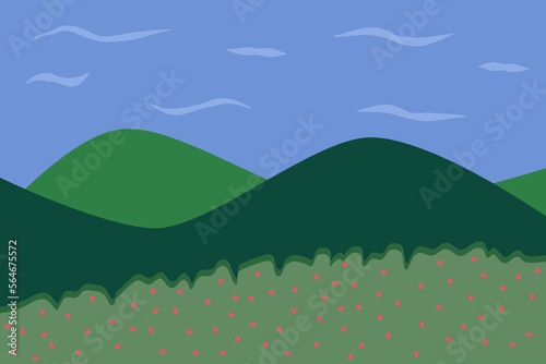 Green mountain with blue sky landscape in flat vector illustration. Concept of spring or summer. Design good for background, wallpaper, poster