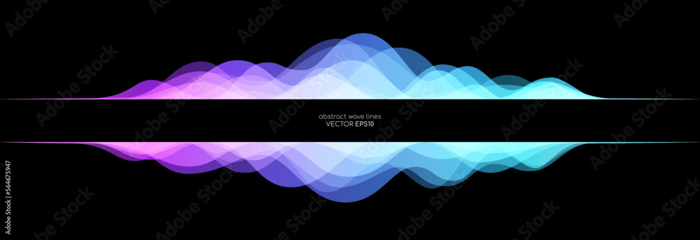 abstract sound wave equalizer colorful gradient purple blue isolated on black background with space for text banner. Vector illustration in concept of sound, voice, music