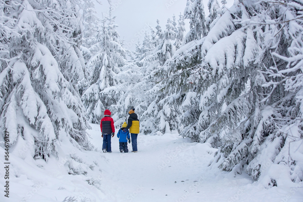 Sweet happy children, brothers, playing in deep snow in forest, frosted trees