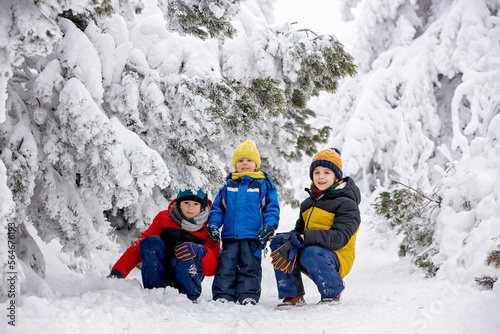 Sweet happy children, brothers, playing in deep snow in forest, frosted trees