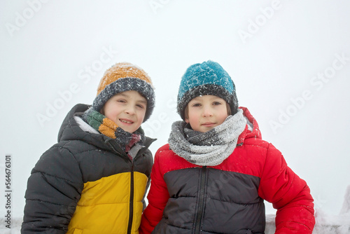 Sweet happy children, brothers, playing in deep snow in forest,