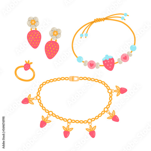 Kids jewelry. Cartoon drawing of strawberry jewelry for children isolated on white. Fashion, jewelry concept