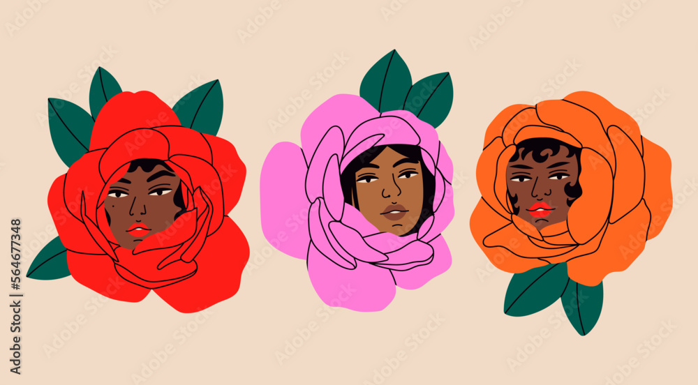 Fototapeta premium Rose flowers. Blossom with beautiful female faces. Flower bloom with beautiful women portraits. Various pretty young ladies. Stylish characters. Hand drawn Vector illustration. Abstract modern art