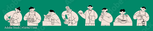 Fotografia Set of Baker, Waiter, Chef, Barista, eating people