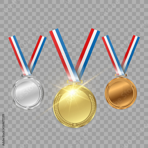 Set of gold, bronze and silver. Award medals isolated on transparent background. Vector illustration of winner concept.	