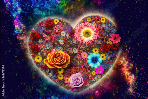 Heart made of colored flowers for valentine's day or weddings. Generative ai illustration